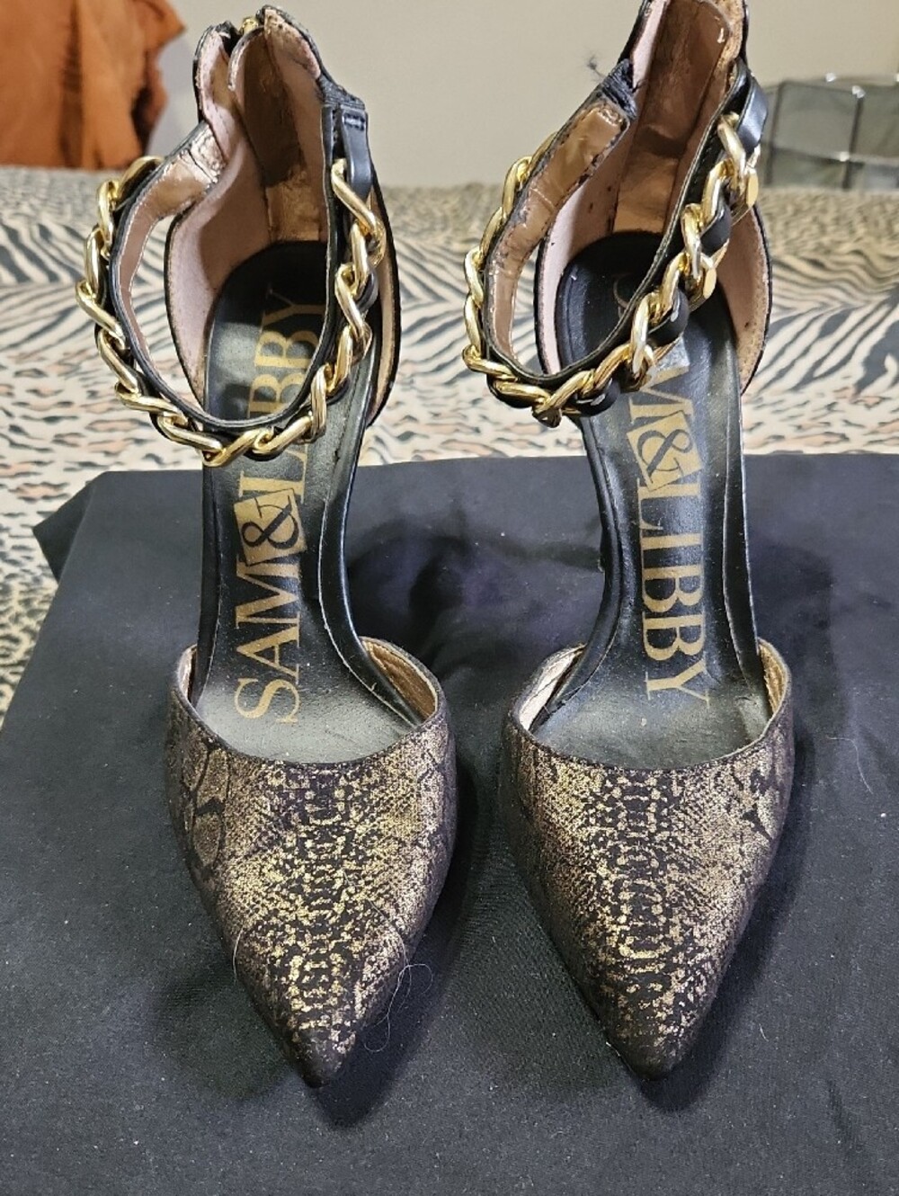 Sam & Libby Gold-Accented Black Snake-Print Pointed Toe Heels